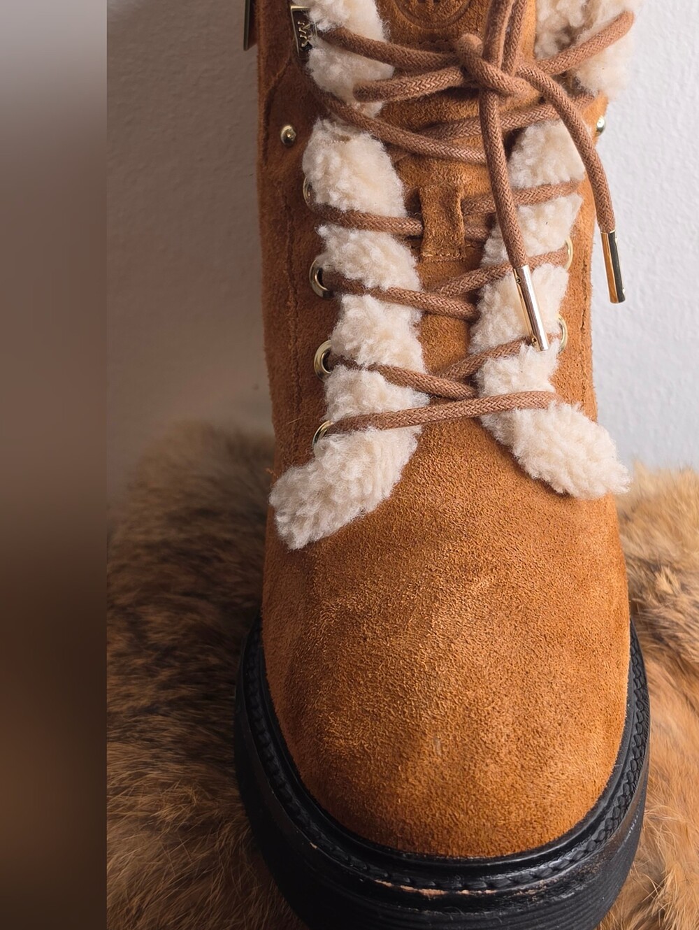 Michael Kors Tan Suede Shearling Lace-Up Ankle Boots - Picture 3 of 14